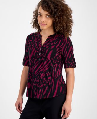 AK Anne Klein - Petite Printed Rolled-Sleeve Button-Front Top