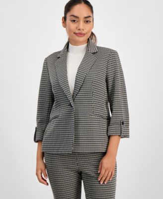 AK Anne Klein - Petite Houndstooth-Print Roll-Tab Blazer