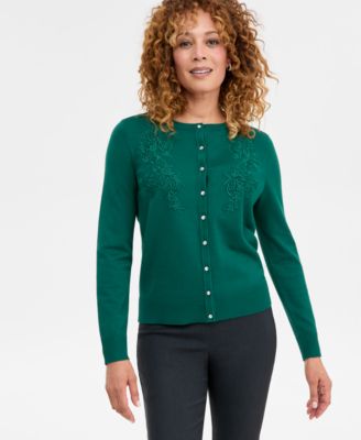 JM Collection - Petite Button-Front Appliqu&eacute; Cardigan