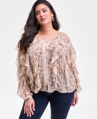 I.N.C. International Concepts - Plus Size Printed Long-Sleeve Ruffled Blouse