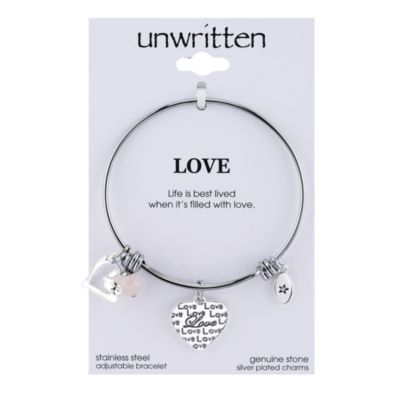 Unwritten - Love Charm and Rose Quartz (8mm) Bangle Bracelet in Stainless Steel