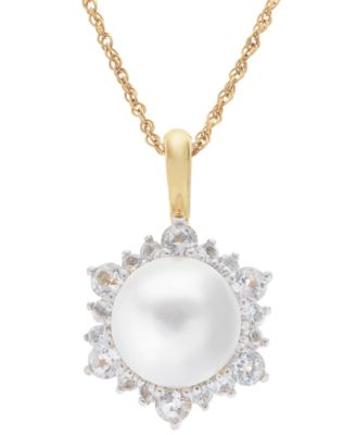Macy's - Cultured Freshwater Pearl (8mm) & White Topaz (3/4 ct. t.w.) Halo 18" Pendant Necklace in 14k Gold-Plated Sterling Silver