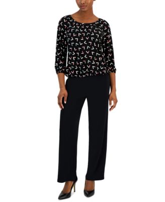 AK Anne Klein - Petite Printed 3/4-Sleeve Top & Wide-Leg Knit Pants
