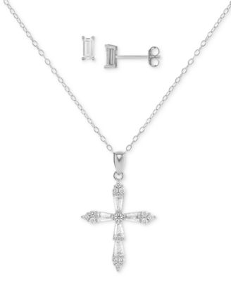 Giani Bernini - 2-Pc. Set Cubic Zirconia Cross Pendant Necklace & Baguette Stud Earrings in Sterling Silver