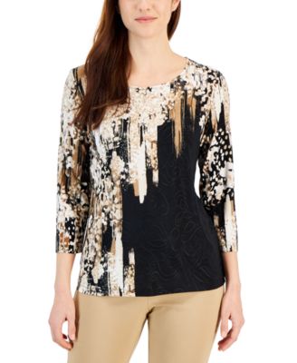 JM Collection - Women's Paint-Print 3/4-Sleeve Top