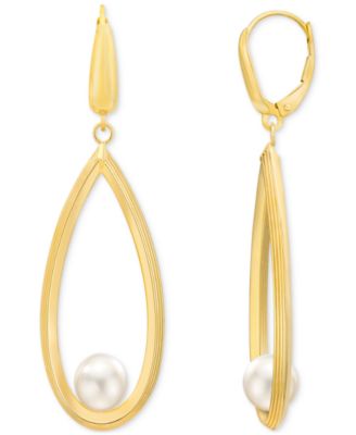 Macy's - Cultured Freshwater Pearl (7-8mm) Open Teardrop Drop Leverback Earrings in 14k Gold