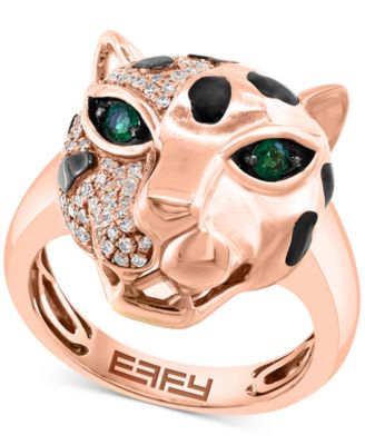 EFFY Collection - Diamond (1/3 ct. t.w.) & Emerald Accent Panther Head Ring in 14k Rose Gold