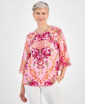 JM Collection - Women's Button-Trim Printed 3/4-Sleeve Top