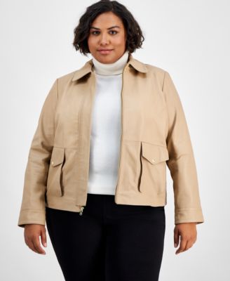 Cole Haan - Plus Size Leather Zip-Front Collared Coat