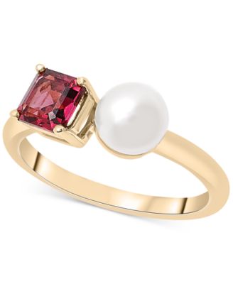 Audrey by Aurate - Cultured Freshwater Pearl (5mm) & Rhodolite (5/8 ct. t.w.) Two Stone Ring in Gold Vermeil
