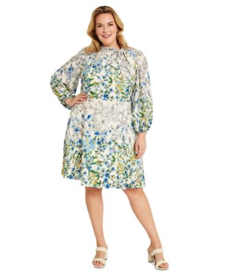 Maggy London - Plus Size Floral-Print Tie-Neck Dress