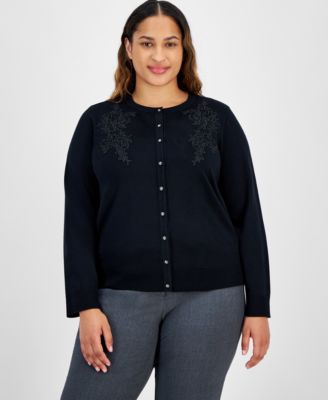 JM Collection - Plus Size Appliqu&eacute; Long-Sleeve Button-Front Cardigan
