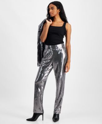 I.N.C. International Concepts - Petite Sequin-Embellished Straight-Leg Pants