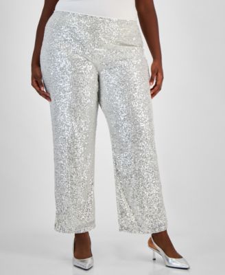 JM Collection - Plus Size Sequin Wide-Leg Split-Hem Pants