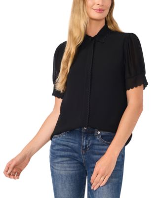 CeCe - Women's Scalloped Puff-Sleeve Button-Front Blouse