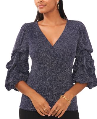 MSK - Petite Glitter Surplice Bubble-Sleeve Top