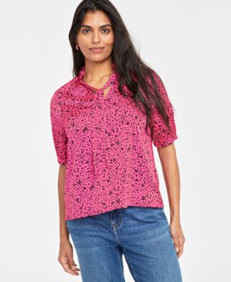 On 34th - Women's Ruffle-Trim Split-Neck Elbow-Sleeve Top