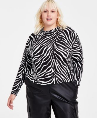 Bar III - Trendy Plus Size Zebra-Print Mock Neck Blouson Knit Top