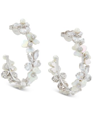 kate spade new york - Silver-Tone Medium Cubic Zirconia, Imitation Pearl & Mother-of-Pearl Flower C-Hoop Earrings, 1.63"