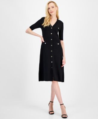 Anne Klein - Women's Ribbed Button-Front A-Line Dress