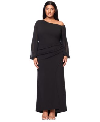 Betsy & Adam - Plus Size Asymmetric Long-Sleeve Gown