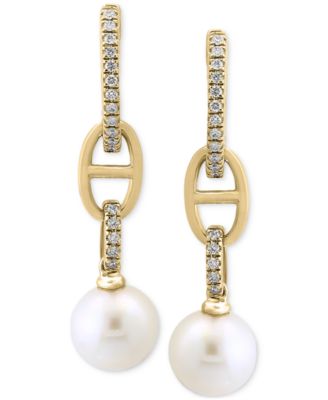 EFFY Collection - Cultured Freshwater Pearl (7mm) & Diamond (1/8 ct. t.w.) Mariner Link Drop Earrings in 14k Gold