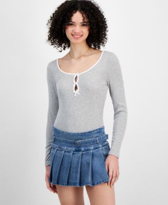 Madden Girl - Juniors' Bow-Keyhole Long-Sleeve Bodysuit