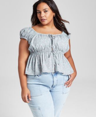 And Now This - Plus Size Printed Tie-Front Blouse