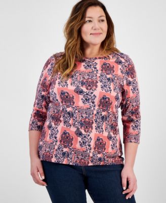 Style & Co - Plus Size Cotton Printed 3/4-Sleeve Top
