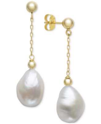 Belle de Mer - Cultured Freshwater Baroque Pearl (10-11mm) Chain Drop Earrings in 14k Gold