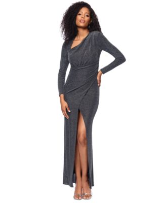 Betsy & Adam - Women's Metallic Asymmetric Long-Sleeve Gown