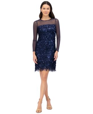 Eliza J - omen's Sequined Fringe Illusion-Trim Dress