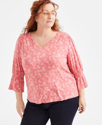 Style & Co - Plus Size Printed Smocked-Trim 3/4-Sleeve Top