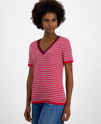 Tommy Hilfiger - Women's Cotton Seabrook Striped V-Neck Sweater