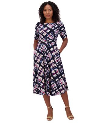 Jessica Howard - Women's Printed Ruched-Sleeve Midi Dress