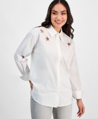 I.N.C. International Concepts - Petite Long-Sleeve Star-Cutout Collared Shirt