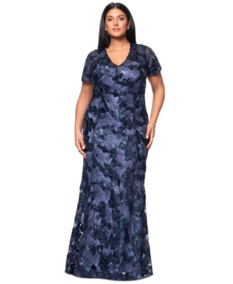 Betsy & Adam - Plus Size Floral Sequin V-Neck Sheath Gown