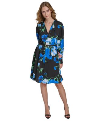 Halston - Women's Long-Sleeve Belted A-Line Dress