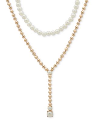 Anne Klein - Gold-Tone Bead & Imitation Pearl Layered Lariat Necklace, 16" + 3" extender
