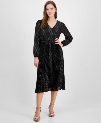 T Tahari - Women's Printed Tie-Waist Pleated Midi Dress