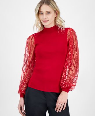 T Tahari - Women's Sequin-Sleeve Mock-Neck Sweater