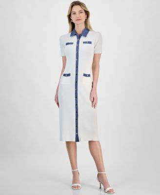 T Tahari - Women's Contrast-Trim Button-Front Sweater Dress