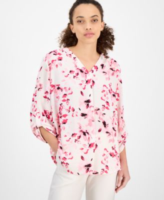 AK Anne Klein - Petite Floral-Print V-Neck Roll-Tab Tunic