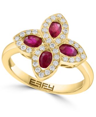EFFY Collection - Diamond (1/4 ct. t.w.) & Ruby (7/8 ct. t.w.) Floral Ring in 14k Gold
