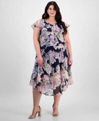 Connected - Plus Size Printed Ruffled Flutter-Sleeve Midi Dress