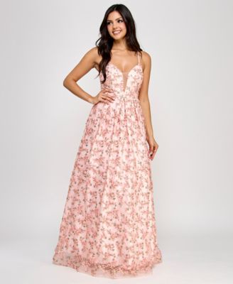 BCX - Juniors' 3D Floral Deep V-Neck Open-Back Gown