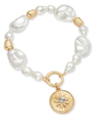 On 34th - Gold-Tone Crystal Disc & Imitation Pearl Stretch Bracelet