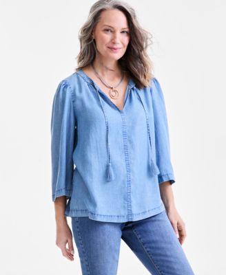 Style & Co - Petite Split-Neck Tassel Chambray Top