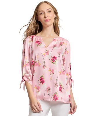 Jones New York - Petite Floral-Print Tie-Cuff Top