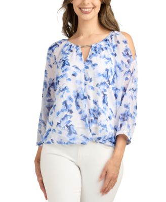 BCX - Juniors' Printed Cold Shoulder 3/4-Sleeve Top